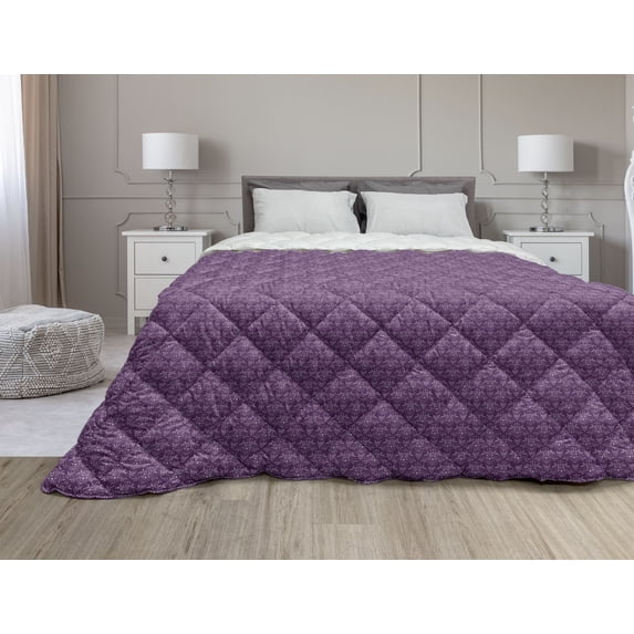 Eggplant Down Alternative Comforter, Polish White Orderly Polka Dots and Purple Background with Traditional Pattern, Microfiber Quilt for All Season, 5 Sizes, Purple White, by Ambesonne