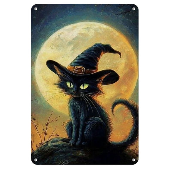 Salem Sanctuary for Wayward Cats Halloween Tin Sign – 8"x12" Retro Metal Wall Art with Witch Hat Black Cat and Full Moon Design, Ideal for Home, Cafe, Bar Decor