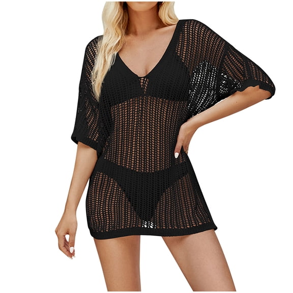 PUMISAS Summer Cover Ups For Women Hollow-Out Breathable Cover Up Short Sleeve Bikini Cover Up Sun-Proof Swimwear Dress V-Neck Cover Up