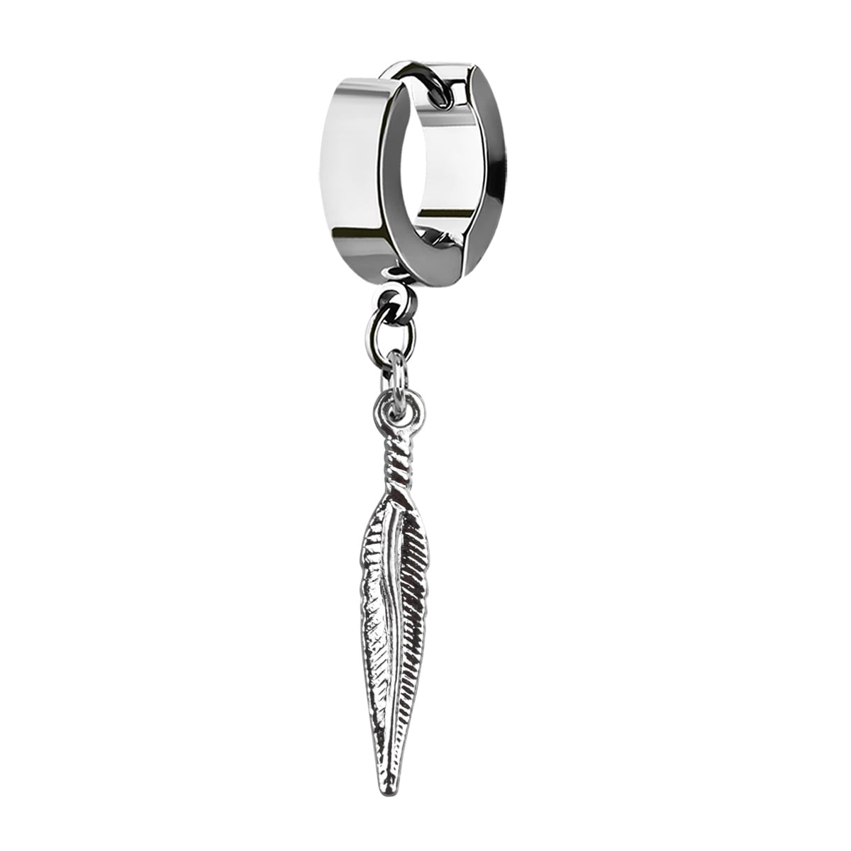 iJewelry2 Straight Dangling Quill Feather Stainless Steel Huggie Hoop ...
