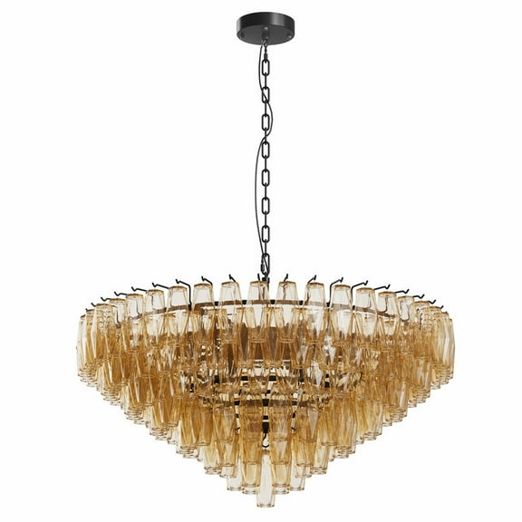 TICOZE 37" Modern Round Black Chandelier with 172 Smoke Glass Tubes - 14-Light Dimmable Tiered Pendant Lighting for Dining Room, Kitchen Island and High Ceilings