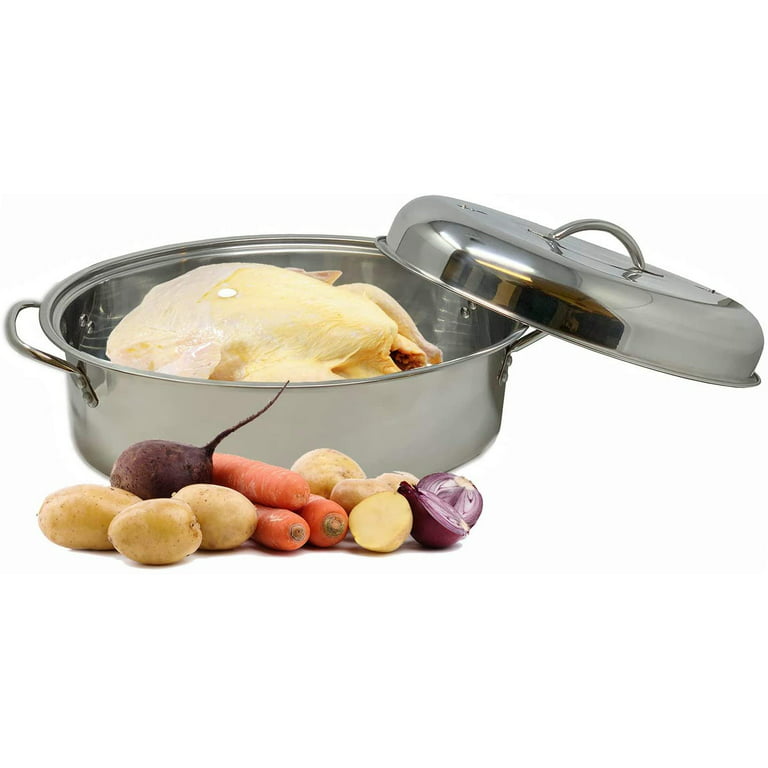 Stainless Steel Oval Lidded Roaster Pan Extra Large & Lightweight With Lid  & Wire Rack | Multi-Purpose Oven Cookware High Dome | Meat Joints Chicken