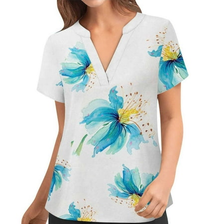 

Scrub Tops Women Summer V Neck Scrubs Short Sleeve Loose Fit Nursing Working Uniform