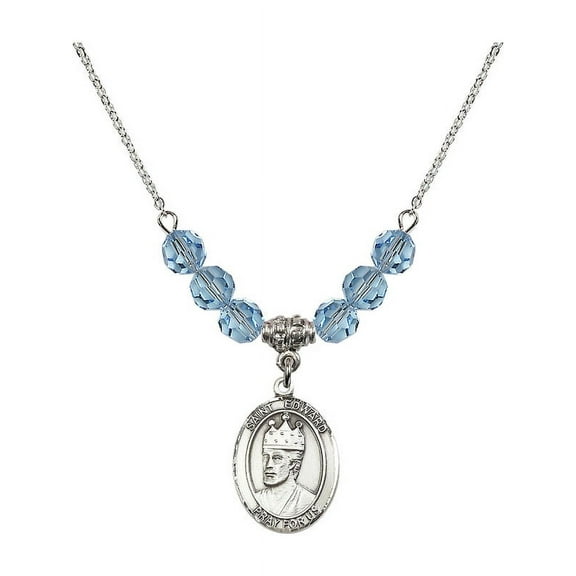 18-Inch Rhodium Plated Necklace with 6mm Blue March Birth Month Stone Beads and Saint Edward the Confessor Charm