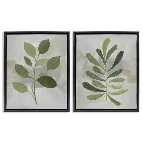 Stupell Industries Green Leaf Branches on Grey Floral Painting Black Floater Framed Canvas Art Print Wall Art, 17 x 21, Set of 2