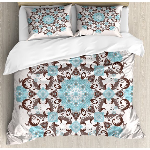Brown and Blue Queen Size Duvet Cover Set, Mandala Inspired Floral Round Antique Ornament Vintage Style, Decorative 3 Piece Bedding Set with 2 Pillow Shams, Brown Umber and Sky Blue, by Ambesonne