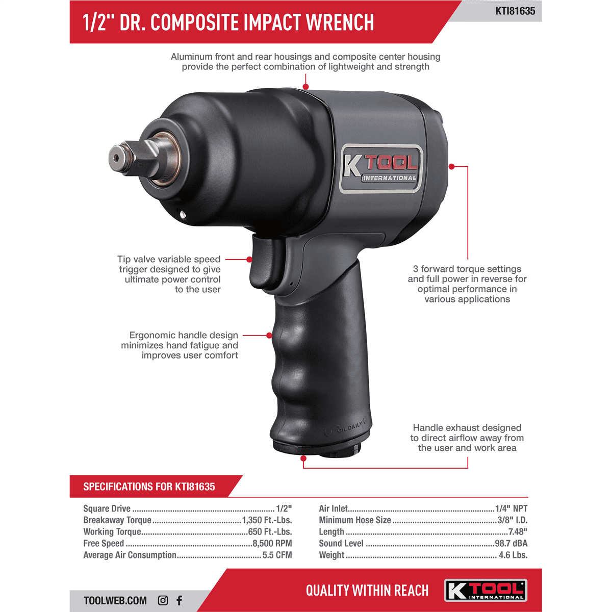 K Tool International Air Impact Wrench 1/2 Inch Drive 1350 Foot Pounds Super Duty