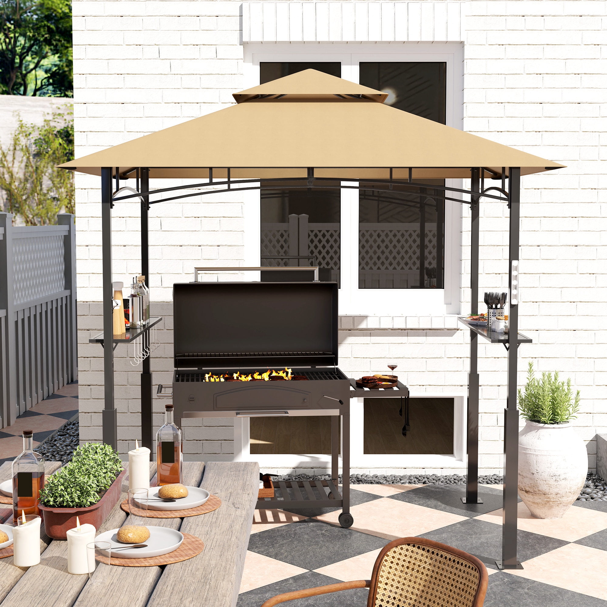Outsunny 8' x 5' Grill Gazebo, Double Tiered Outdoor BBQ Gazebo with LED Light, 2 Side Shelves, Hooks and Bottle Opener for Patio Yard, Dark Brown