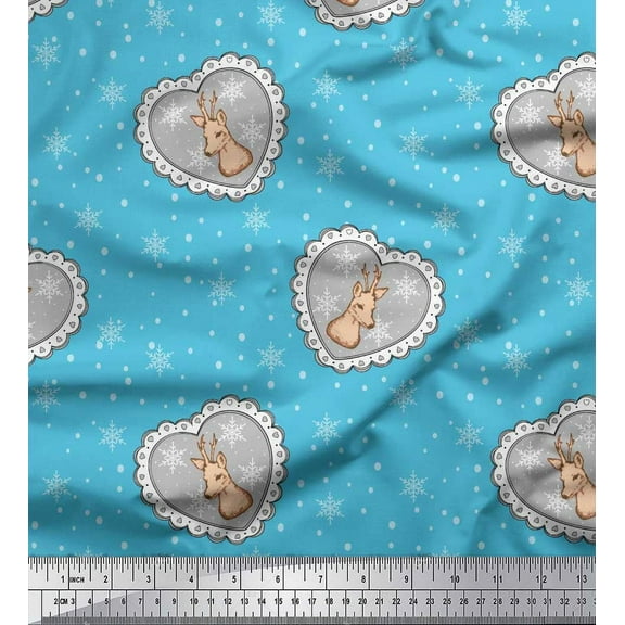 Soimoi Blue Cotton Duck Fabric Snowflake,Heart & Reindeer Face Animal Print Sewing Fabric Yard 42 Inch Wide