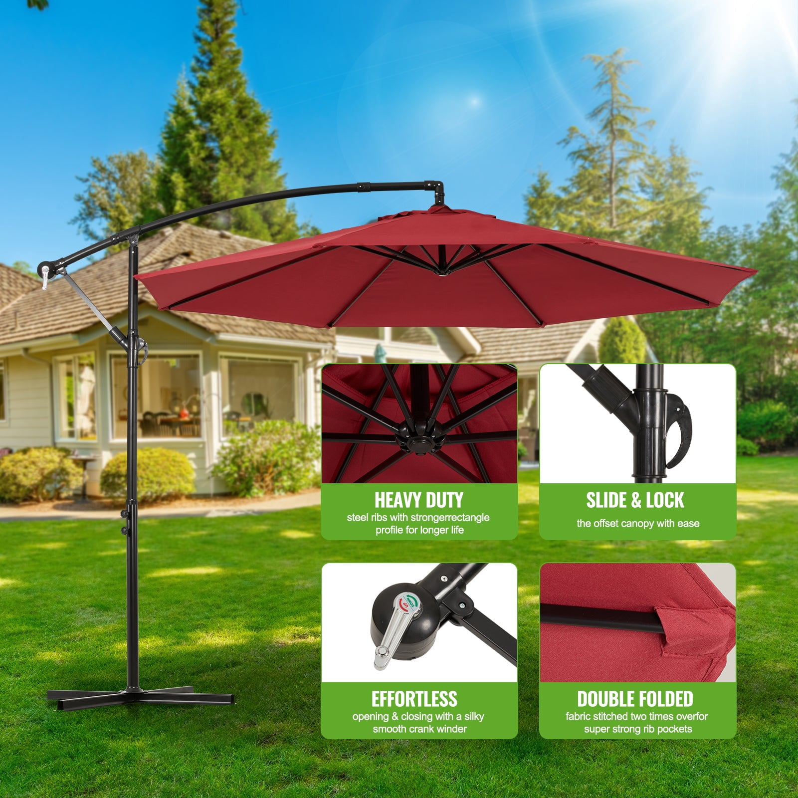 Backyard Expressions 10ft Offset Hanging Patio Umbrella with Crank Lift & Tilt, Outdoor Market Umbrella with UV-Resistant Canopy, Cross Base, and Air Vent for Backyard, Deck, Poolside, or Garden