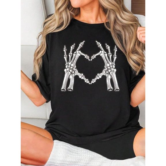 Women's Skeleton Hand Graphic Tee T Shirt Top Short Sleeve Round Neck Drop Shoulder Black S-5XL