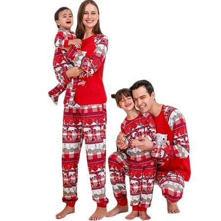 

SYNPOS Christmas Family Matching Pajamas Set Xmas Bear Letter Print Sleepwear