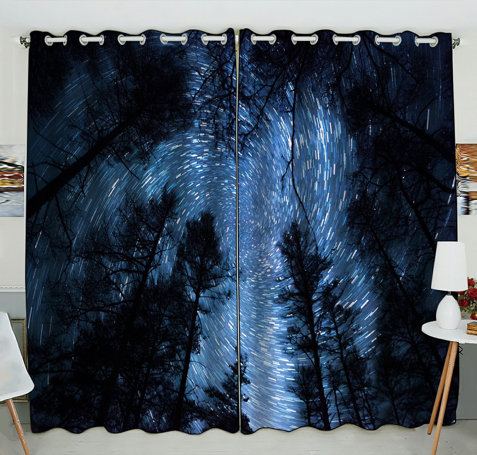 PHFZK Beautiful Night Sky Window Curtain, Spiral Star Trails and Forest