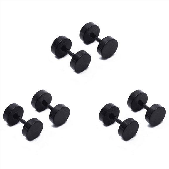 3 Pair of Men's Barbell Stainless Steel Ear Studs Earrings Black 6mm