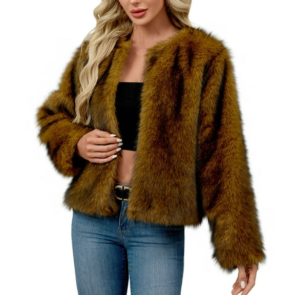 Rutainlusire Womens Fashion Warm Furry Comfy Cardigan Jackets Womens Ladies Warm Faux Furry Coat Jacket Winter Solid Round Neck Outerwear