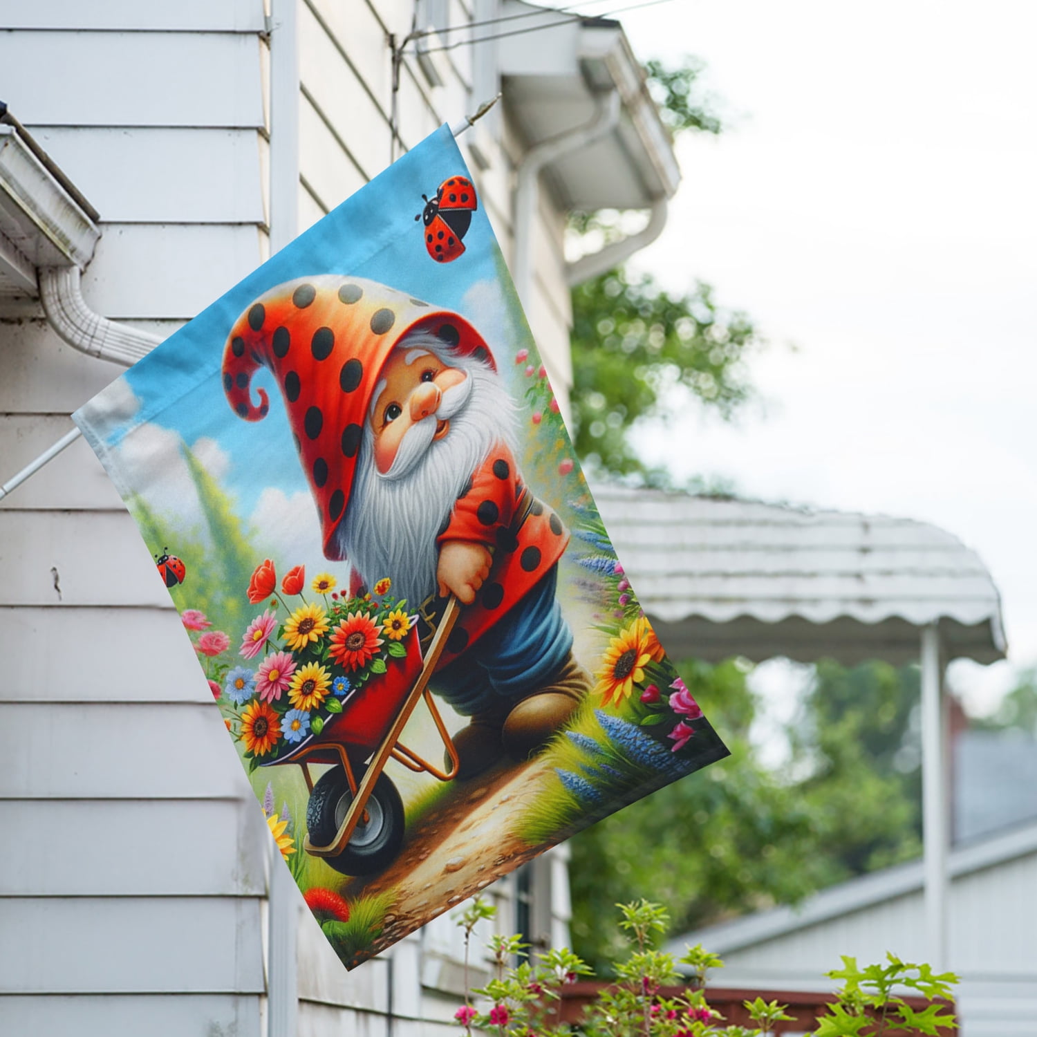 America Forever Garden Gnome House Flag 28 x 40 inch Double Sided Gnome Wheelbarrow Flowers Spring Summer Seasonal Outdoor Yard Decorative Flag
