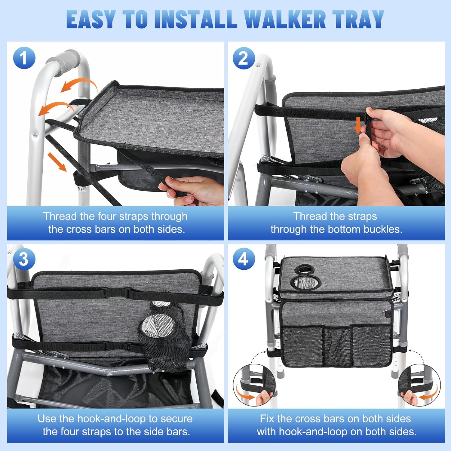 Rhino Valley Walker Tray for Folding Walker, Tray for Walkers with Non-Slip Mat for Food, 3 Front Pockets & 2 Cup Holders, Fits Most Standard Folding Walkers, Walker Accessories for Senior,Gray