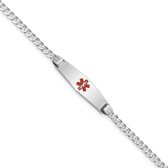 14K White Gold Wg Medical Soft Diamond Shape Red Enamel Flat Curb Link Id Bracelet (7 X 7.5) Made In United States xm586ccw-7