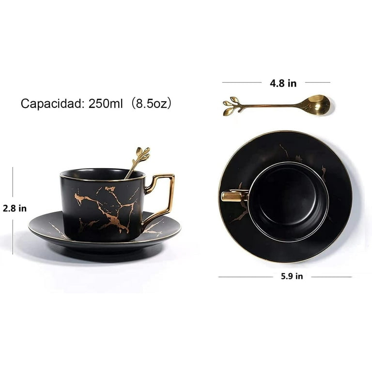 lanliebao 8.5 oz Golden Hand Print Tea Cup With Saucer Set And Cup And  Ceramics Saucer Set Microwave Safe Black (Set of 4)