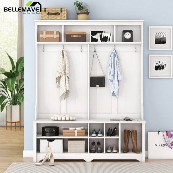 Bellemave Modern Hall Tree with Storage Shelves and Coat Hooks All in One Entryway Wooden Coat Rack with Shoes Storage Bench for Living Room Bedroom, White