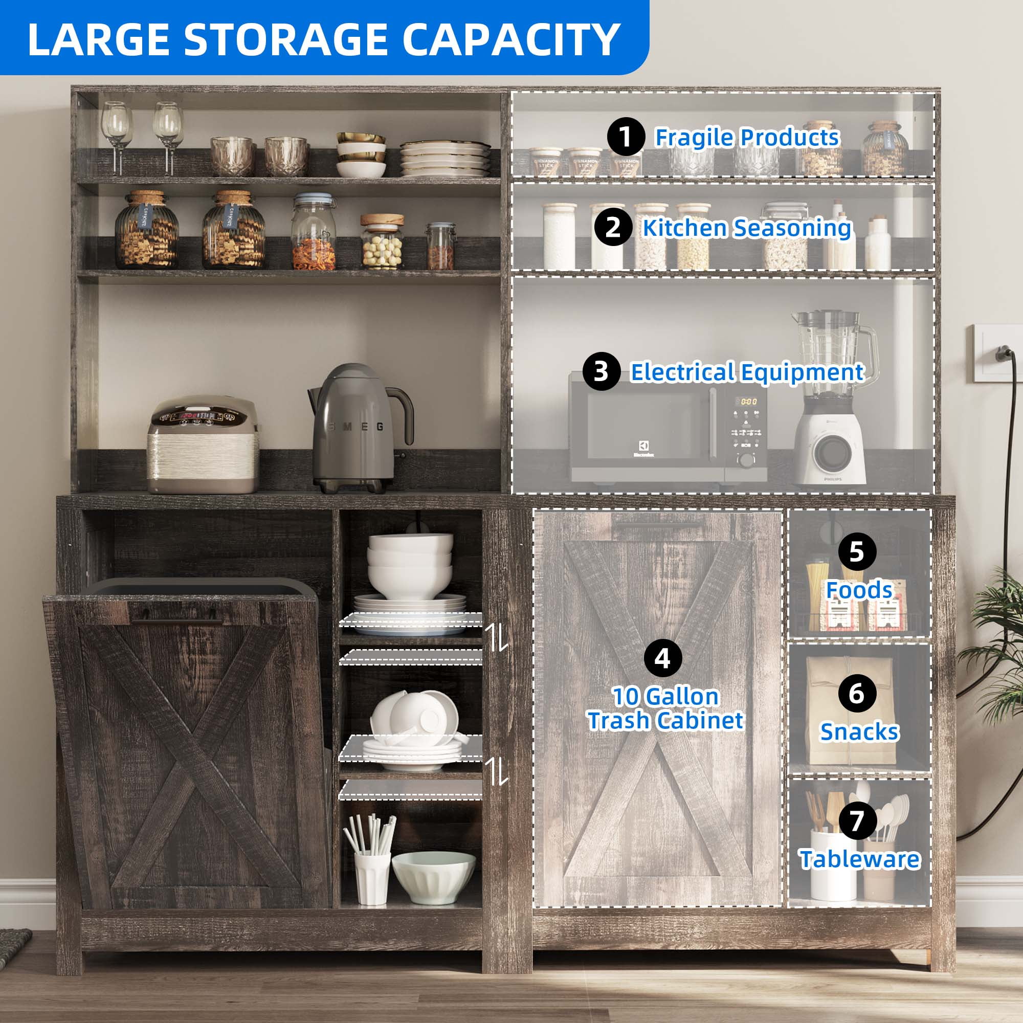 Dextrus 6 Tier Bakers Rack with Storage Shelf and Cabinet Bakers Rack Microwave Stand with Power Outlets and Trash Bin Cabinet Rustic Oak