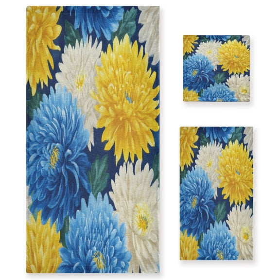 3 Piece Bath Towels Set Bath Towel, Hand Towel and Face Towel for Bathroom, Gym, Hotel Yellow and White Chrysanthemum