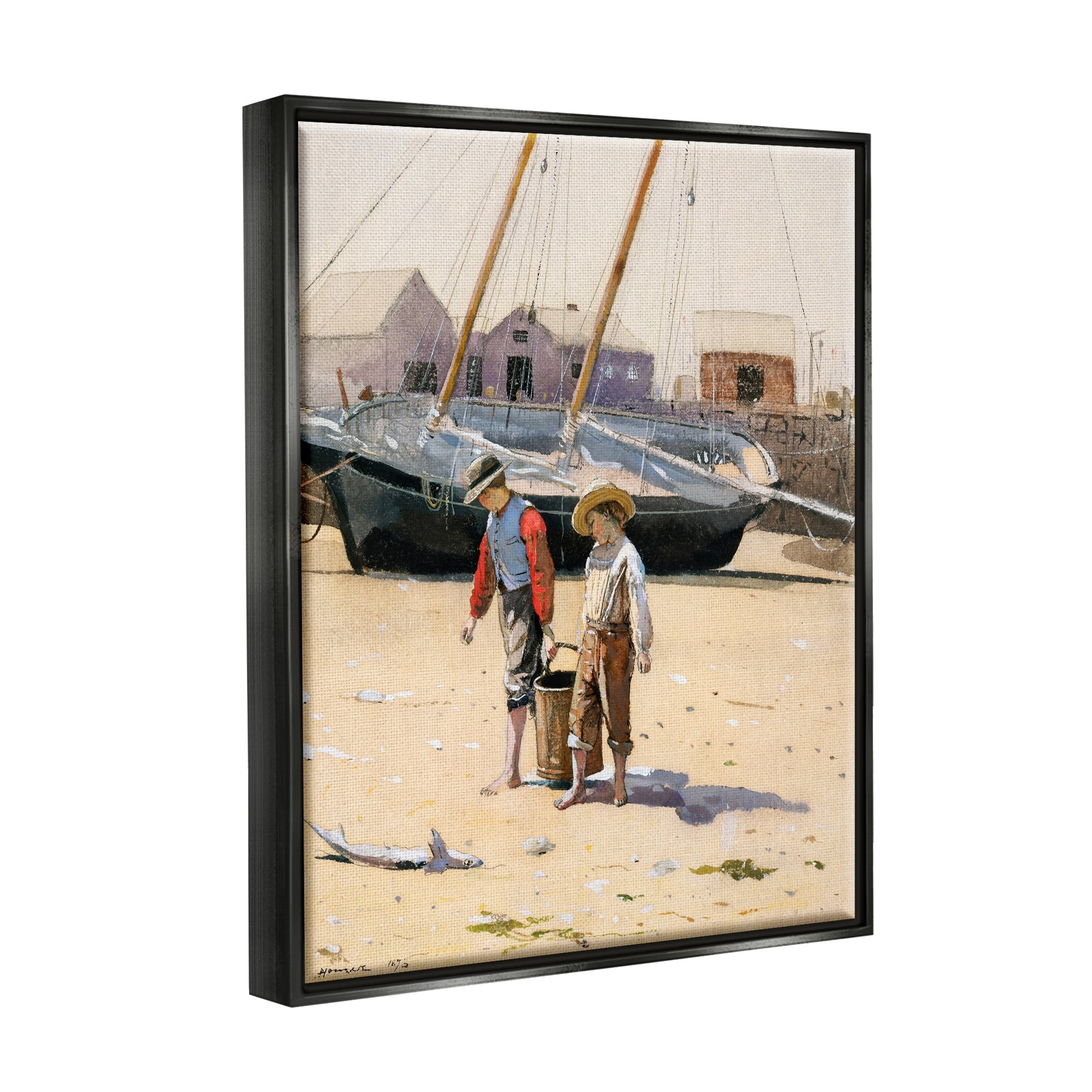 Stupell Industries Old Fashioned Man Woman Walking Beach Marina Painting Luster Gray Floating Framed Canvas Print Wall Art, Design by Lettered and Lined