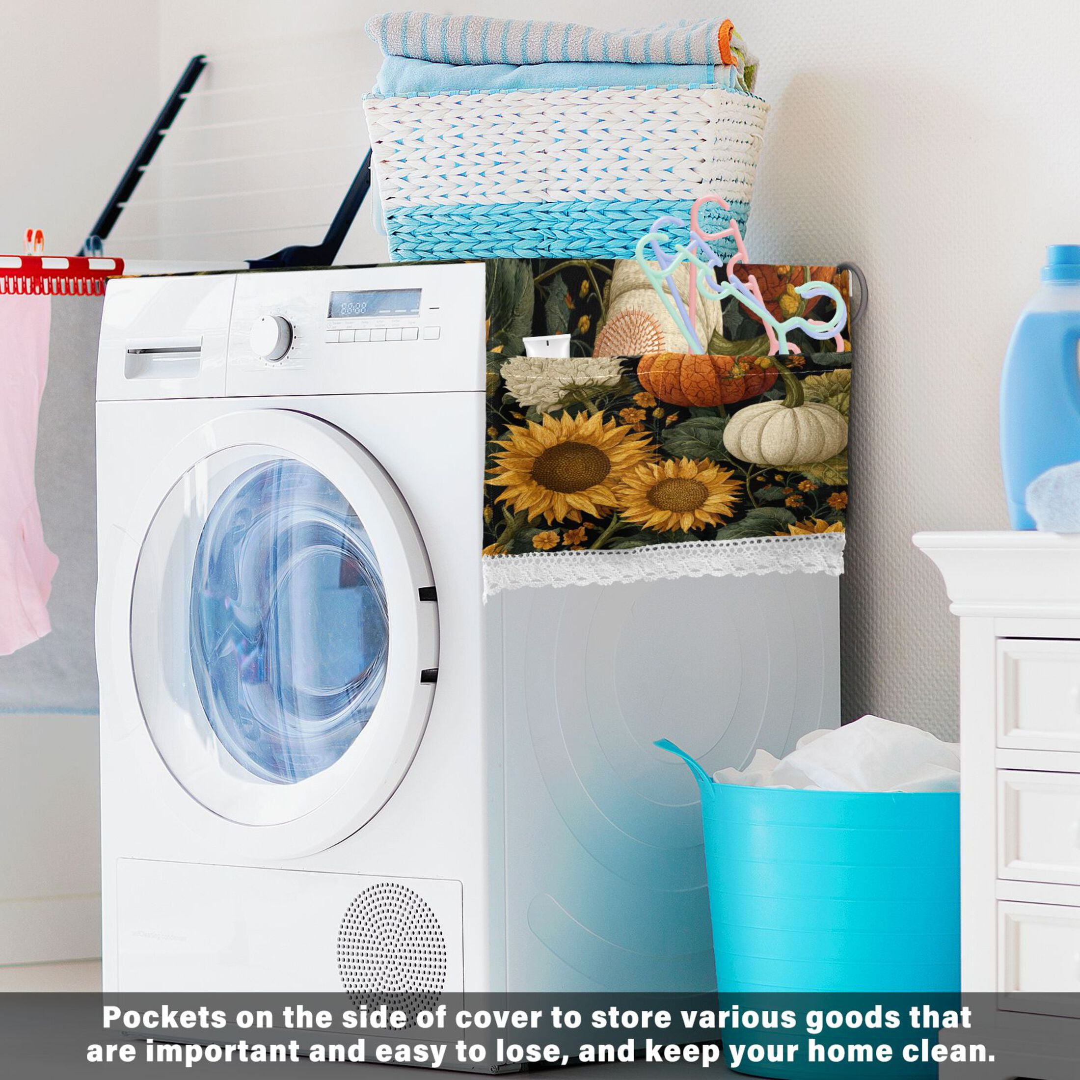 Dustproof Washing Machine Cloth Washer and Dryer Top Covers, Fridge Dust Cover, With Storage Bags Pumpkins and Sunflowers Pattern