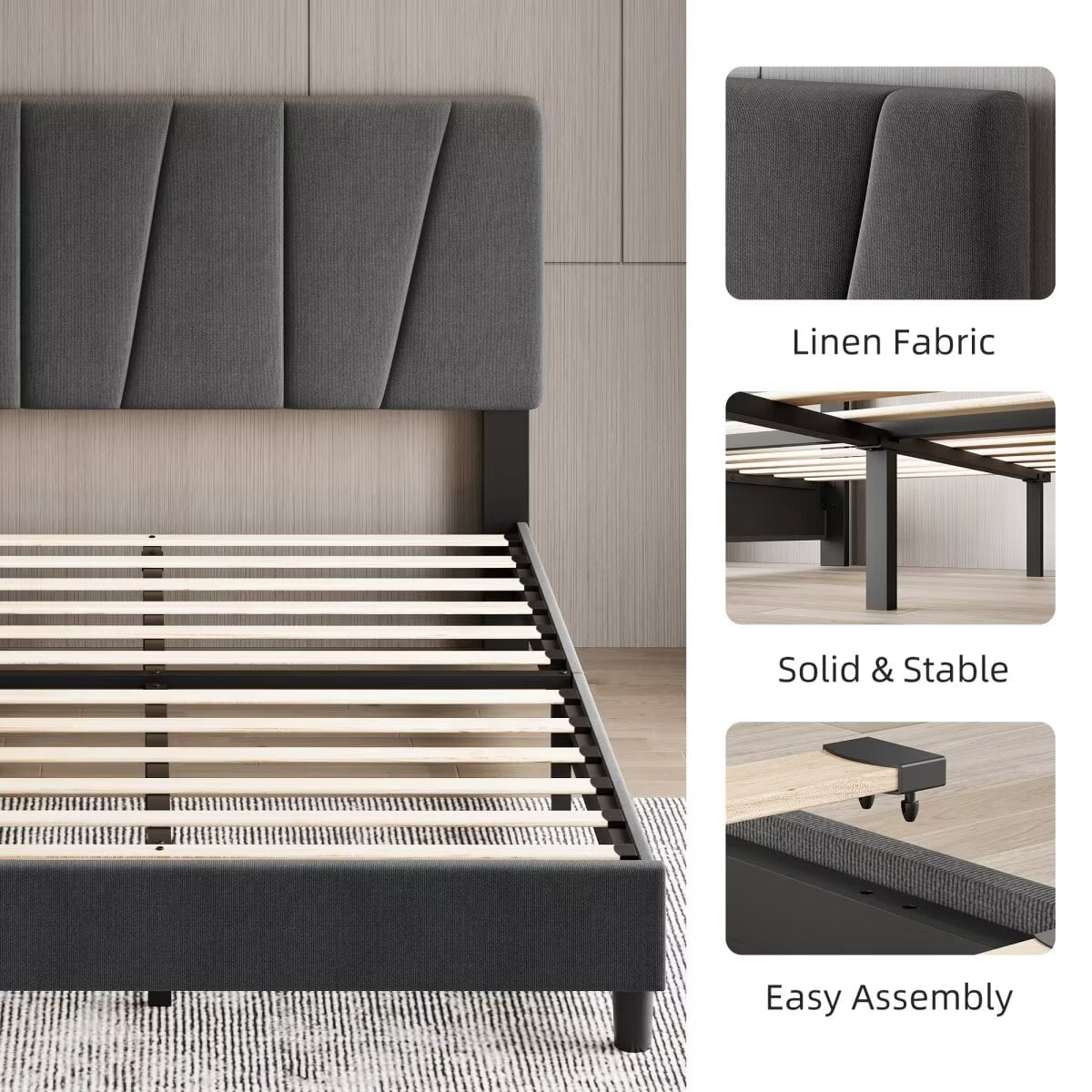Queen Size Bed Frame with Adjustable Headboard, Upholstered Linen Platform Bed Frame with Strong Wooden Slats & Mattress Foundation, No Box Spring Needed, Easy Assembly, Dark Grey
