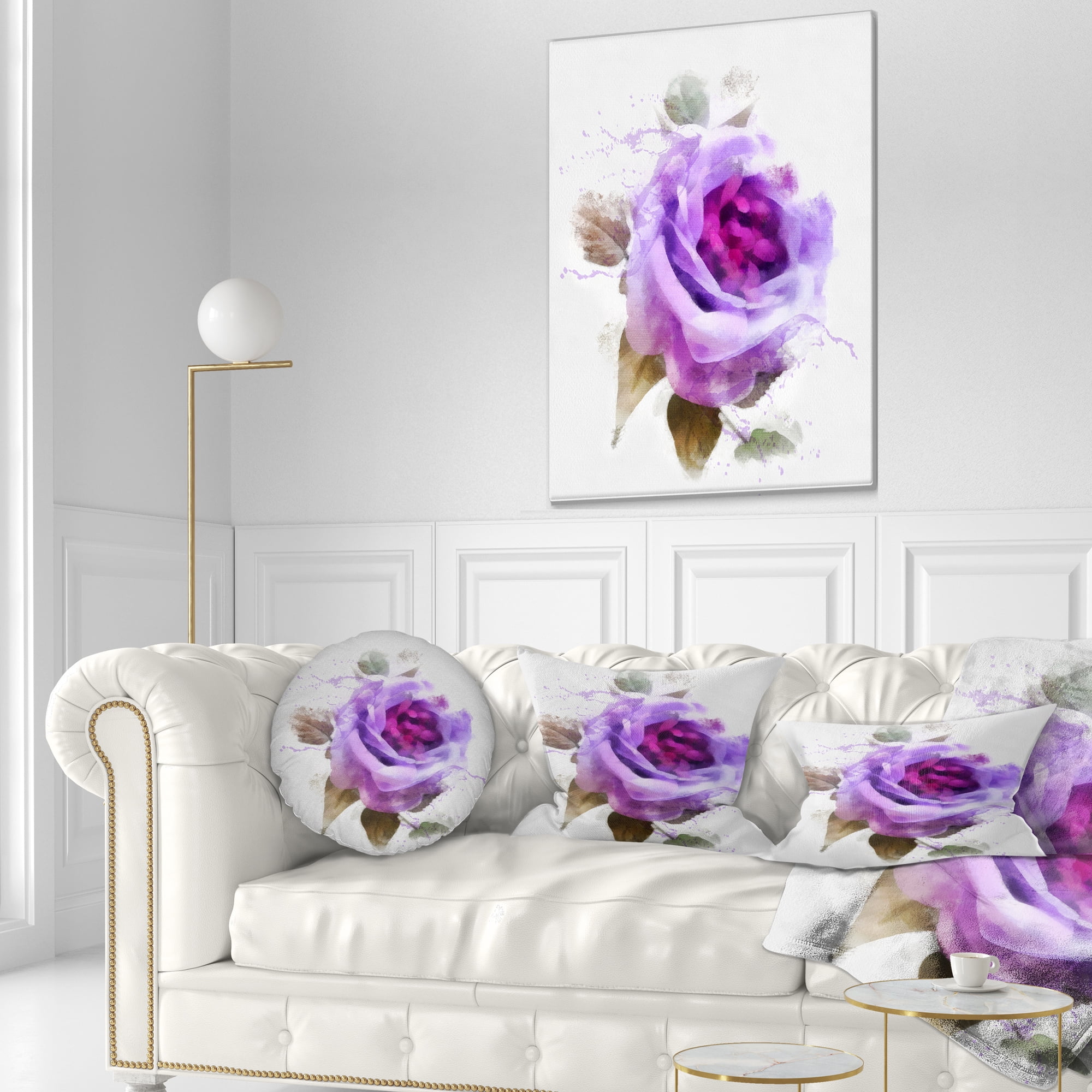 Designart Watercolor Purple Rose with Leaves - Floral Throw Pillow - 12x20