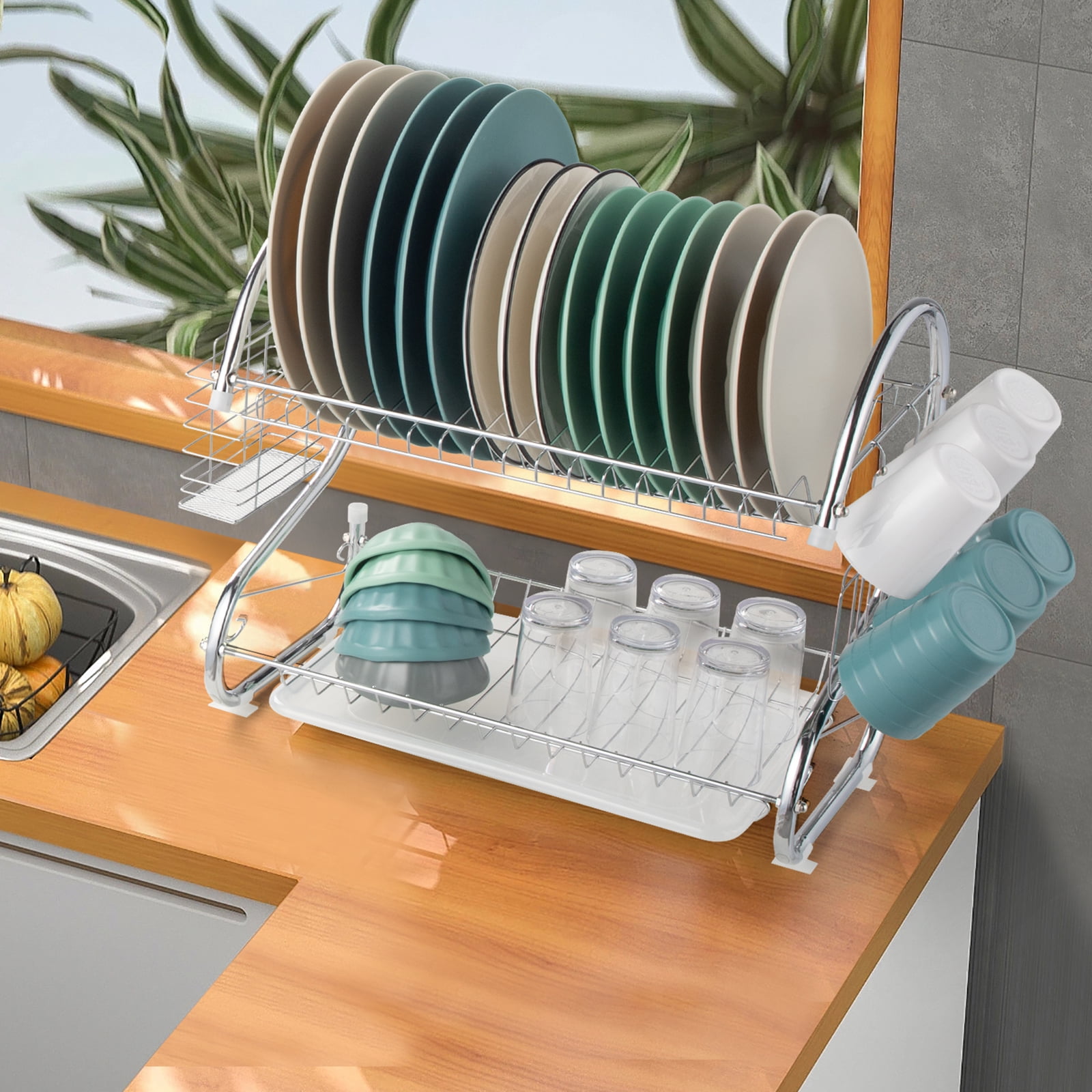 DUANFEE Dish Drying Rack - 2 Tier Small Dish Racks for Kitchen Counter,  Dish Drainer with Utensil Holder, Glass Holder and Drainboard,  Multifunctional