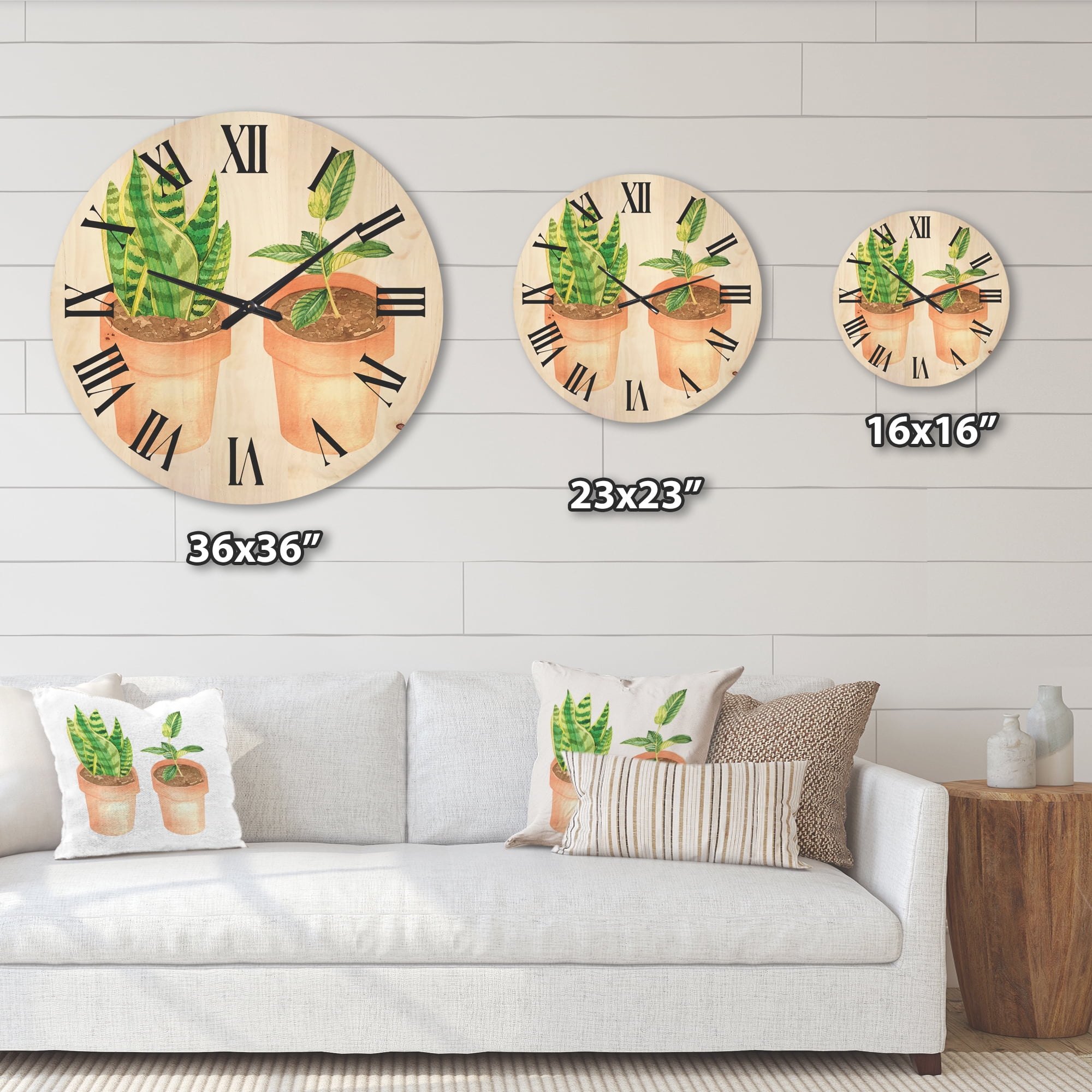 Designart 'Ficus and Sansevieria Indoor Green Home House Plants' Traditional Wood Wall Clock