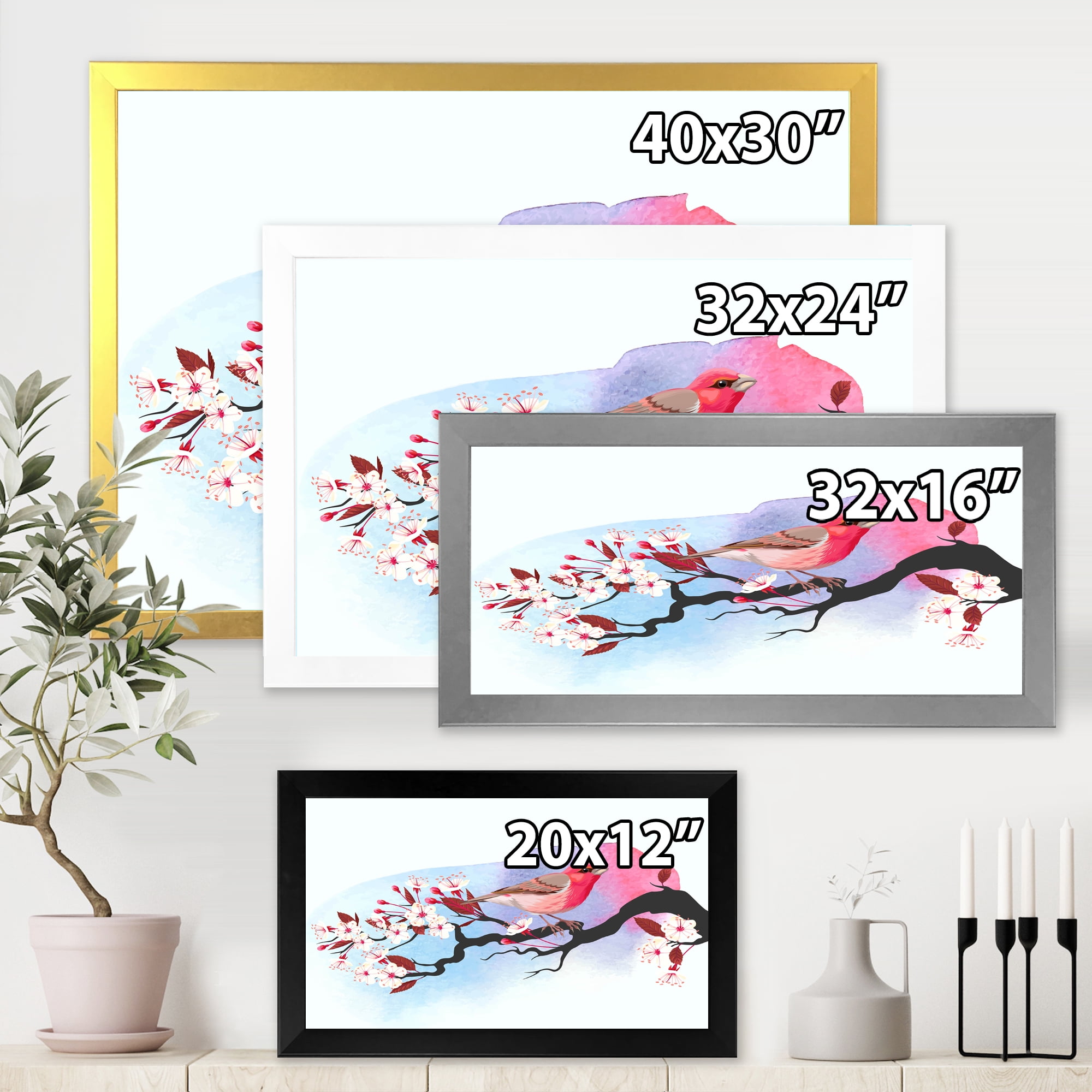 Designart 'Pink Bird Sitting On Cherry Branch' Traditional Framed Art Print