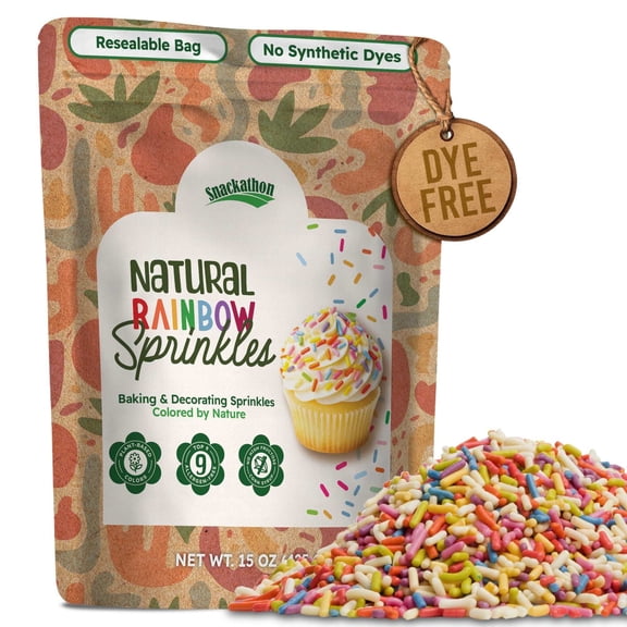Snackathon Natural Sprinkles for Baking & Decorating, Dye-Free Rainbow Sprinkles, 15 OZ Bulk Jimmies in Resealable Pouch - Naturally Colored, No Artificial Dyes or Flavors for Cupcakes, Cookies & Tre