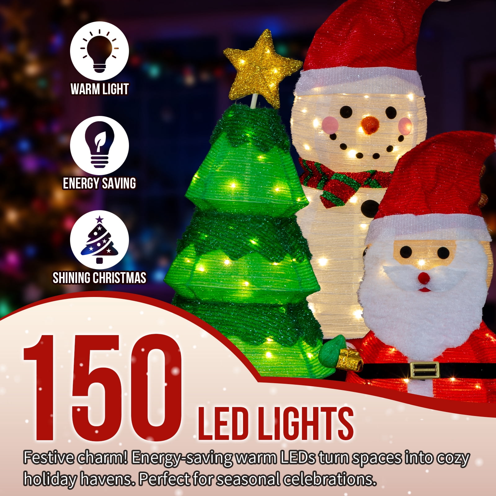 Astoutdoor Set of 3 Lighted Christmas Decorations, Santa, Snowman, and Tree, Pre-Lit with 150 Warm White LED Lights, Indoor Outdoor Holiday Display