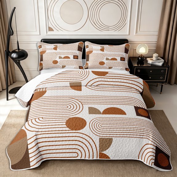 Castle Fairy Vintage Linear Arch Pattern Twin Quilt Set 2 Pieces,Mid Century Retro Aesthetics Twin Coverlet Set,Cream Coffee Brown,1 Bedspread and 1 Pillowcase