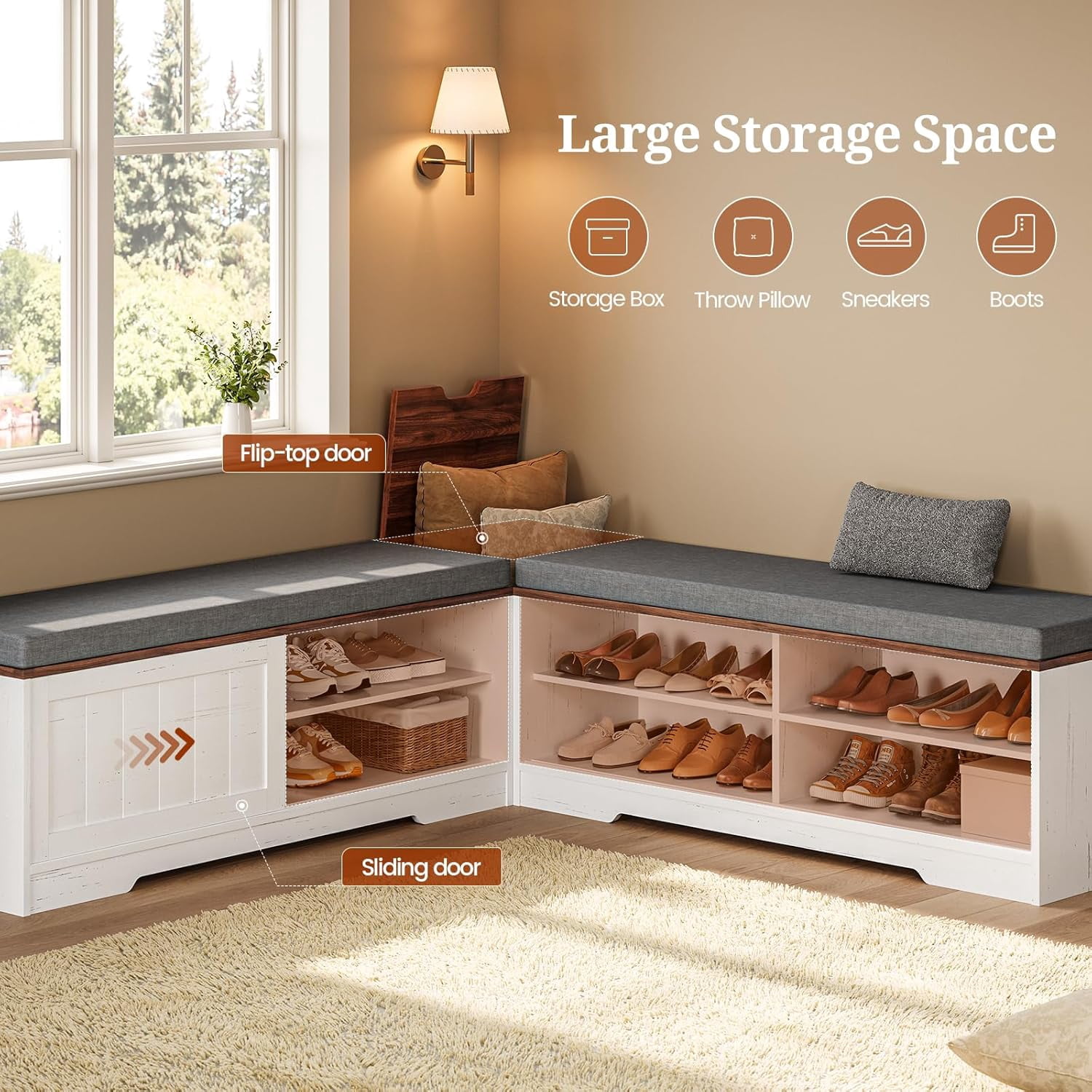 Frhnenha L Shape Corner Bench with Storage, Breakfast Nook Bench with Cushion and Slide Barn Doors for Entryway, Hallway, Living Room, White Brown