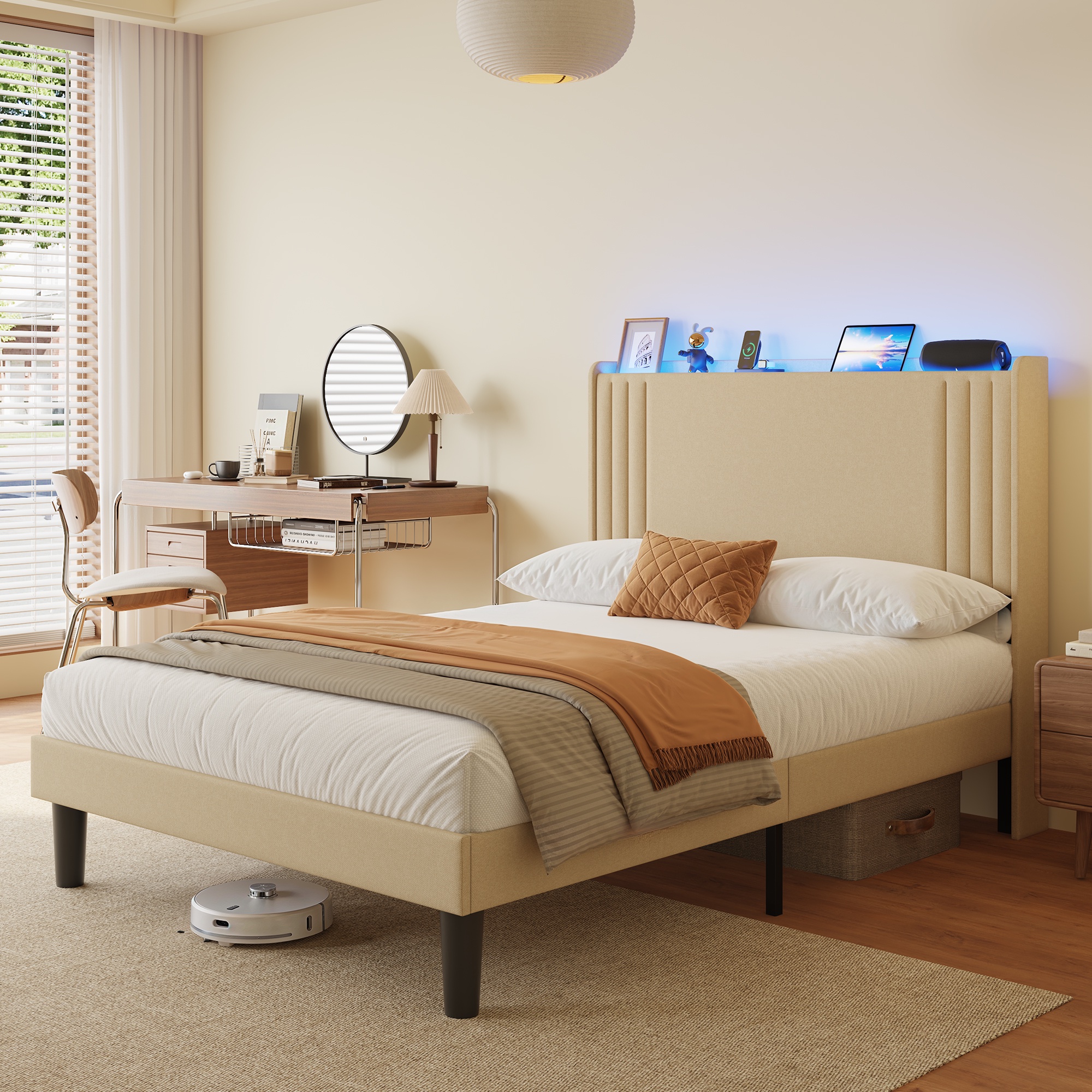 Asofer Full Bed Frame w/Upholstered Wingback, Wood Slats, Charging Station & LED Lights, Beige
