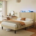thumbnail image 4 of Asofer Full Bed Frame w/Upholstered Wingback, Wood Slats, Charging Station & LED Lights, Beige, 4 of 11