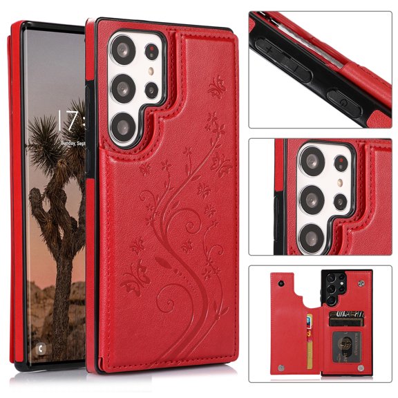 Compatible with Galaxy S23 Ultra Case Wallet with Card Holder,Embossed Butterfly Pattern PU Leather Double Magnetic Buttons Flip Shockproof Protective Cover for Samsung Galaxy S23 Ultra, Red