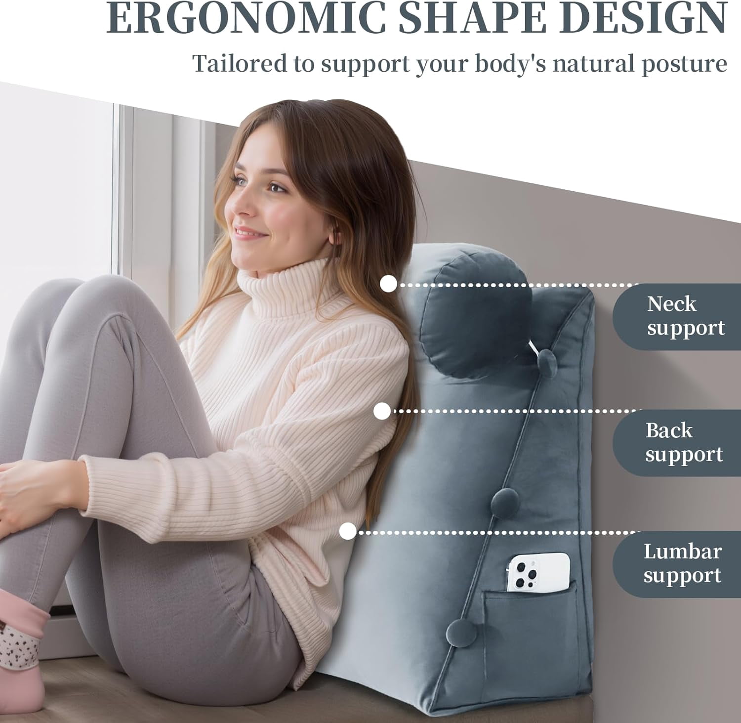 Reading Pillow for Adults Velvet Back Pillow for Bed Sitting Up Wedge Pillow with Removable Washable Cover for Reading, Watching TV and Relaxing, Grey