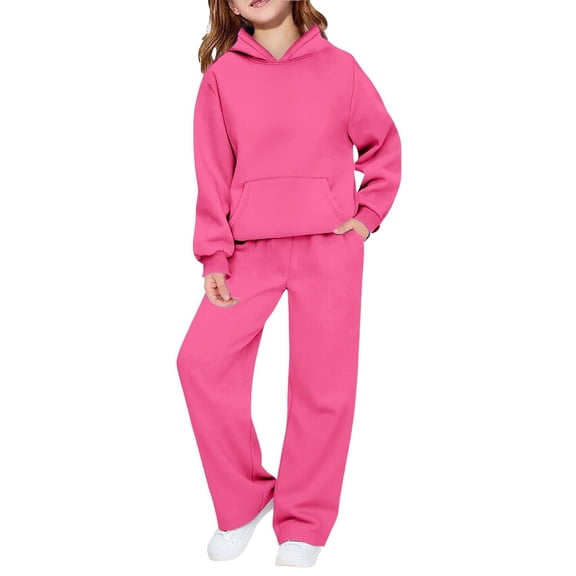 YunPes Girls Boys 2 Piece Tracksui𝐭 Wide Leg Sweatpants & Hooded Sweatshirt Elastic Waist Baggy Straight Leg Pants Athletic Outfits