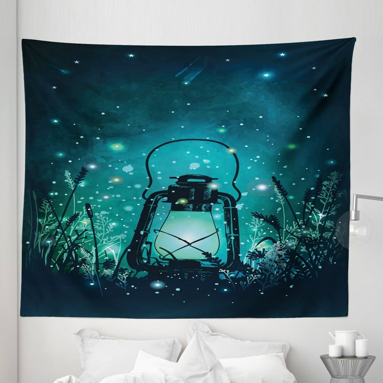 Romantic Tapestry Fireflies and Nostalgic Lantern Magic Meadow Night Scenery Graphic Fabric Wall Hanging Decor for Bedroom Living Room Dorm 5