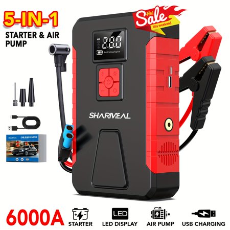 Portable Car Jump Starter with Air Compressor, 6000A Battery Booster – 150PSI Tire Inflator, Emergency Power Pack for Gas Engines (Up to 1.98Gal Gas/1.59Gal), Jump Starter Battery Pack & Charger