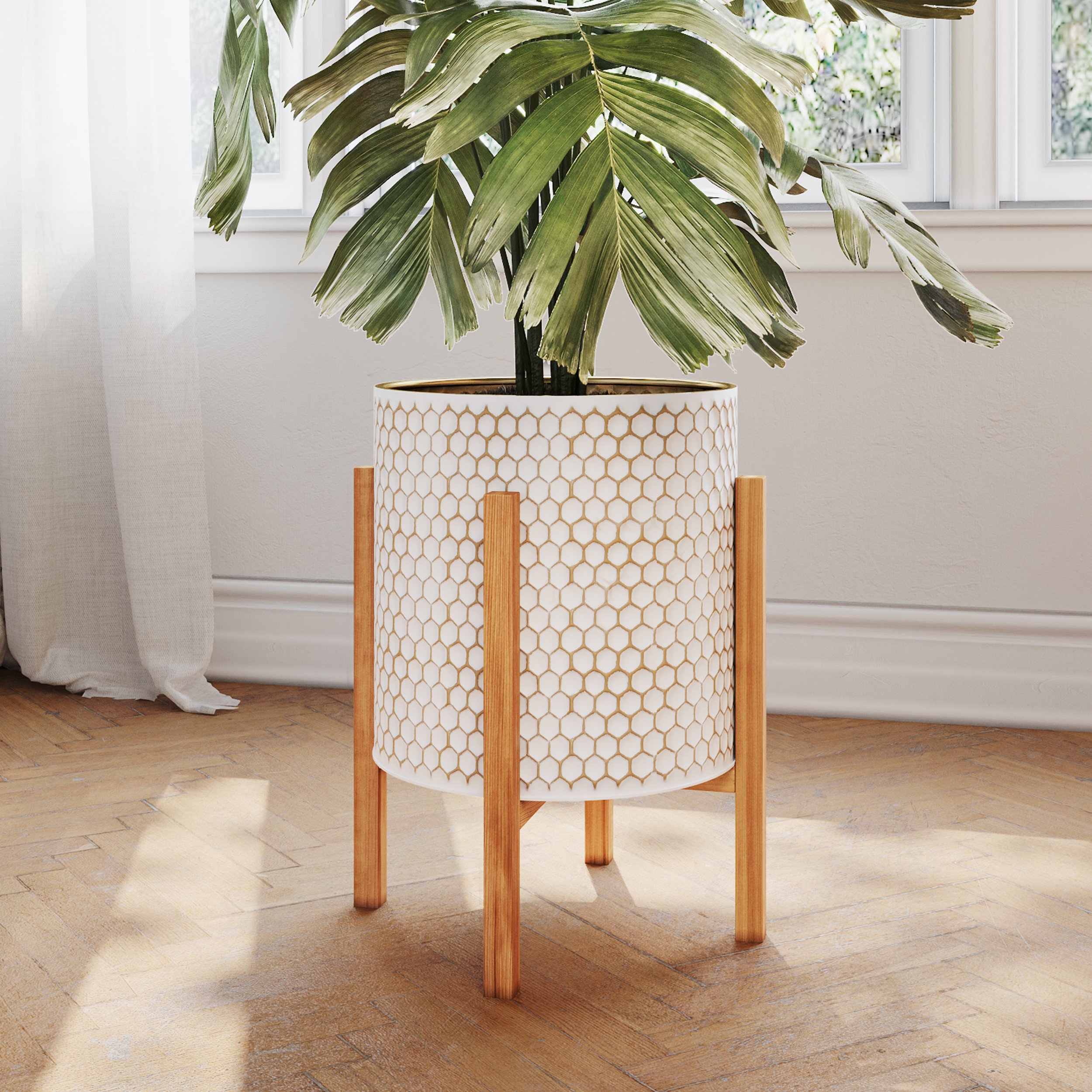 Honeycomb Mid-Century Modern Indoor Metal Pot Planter with 4-Leg Wood Base - 18.25" H x 14" W