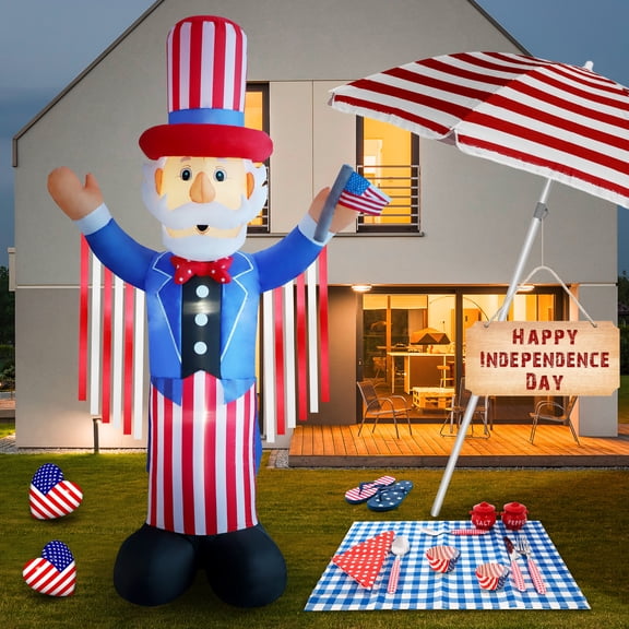 InfleasJoiy 8FT Independence Day Uncle Sam with Built-in LED Lights to Light up Your Patio, Outdoor Holiday Inflatable Decoration for Lawns, Yards, Gardens