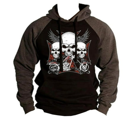 Baseball Sweater - Men's 3 Skull Chopper Biker Black/Charcoal Raglan Baseball Hoodie Sweater Medium Black