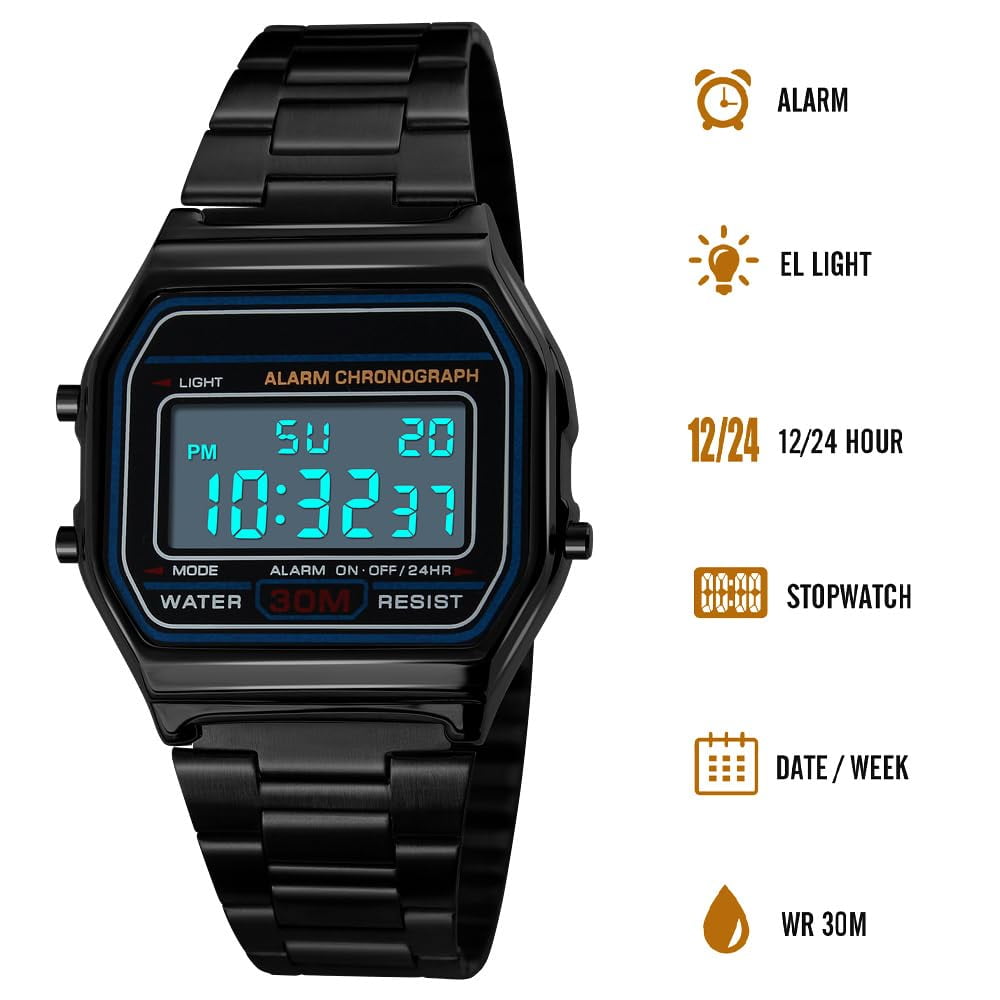 Classic Women's Digital Multifunction Sports Watch Stainless Steel Band Square Waterproof Electronic Led Watch