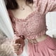 thumbnail image 5 of Camisa de mujer Vintage Cuello cuadrado Blusa de manga larga Estampado floral Top corto, Rosa Monstrate AP001259-02B, 5 of 7