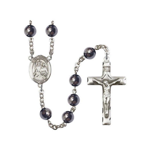St. Raphael the Archangel Silver-Plated Rosary 8mm Hematite Beads Crucifix Size 1 3/4 x 1 medal charm